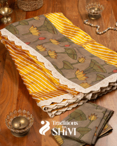 11- Pure Silk Leheriya saree with Hand painted Kalamkaari blouse
