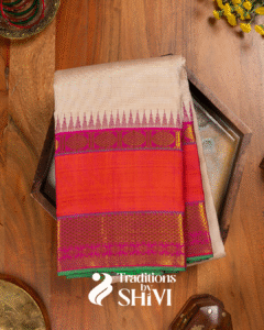 3-Kanchipuram silk saree- beige colur handloom saree with pinkish and orange border